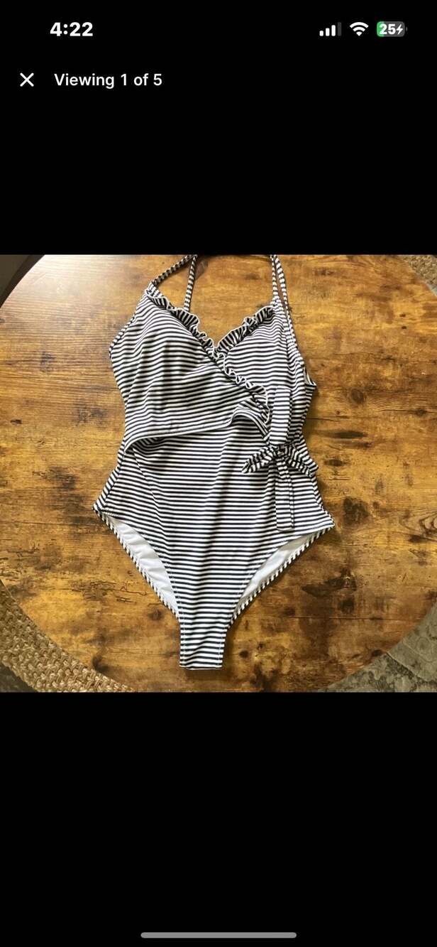 Cupshe Women's Navy and White Striped Ruffle Wrap One-Piece Swimsuit